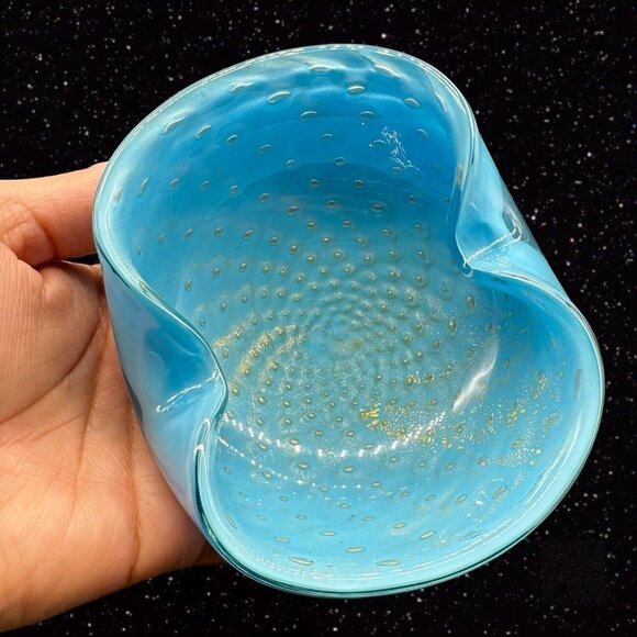 Murano Mid Century Art Glass Bowl Ashtray Blue Gold Aventurine Glitter 5”W 2”T - Picture 6 of 12